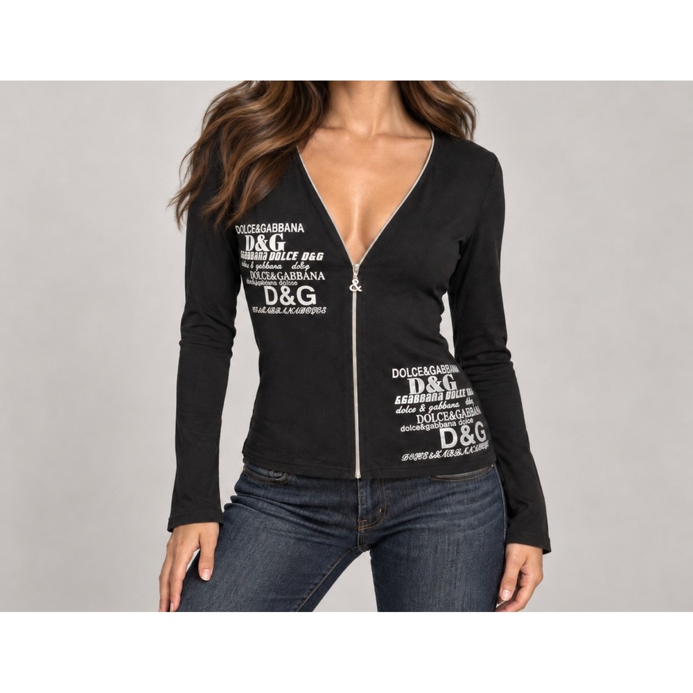 Dolce & Gabbana Vintage Y2K D&G Black Silver Logo Print Zip Up Top Size - L
